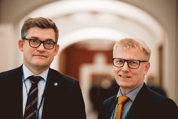 Managing Director Magnus Rystedt (left) and Kimmo Tiilikainen, Finnish Minister of Agriculture and the Environment at the Nordic Council session in Copenhagen. Photo: Johannes Jansson/norden.org