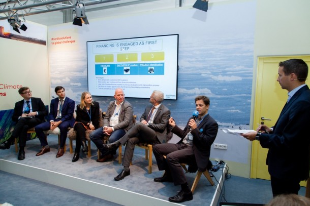 The participants in the discussion. From left Magnus Rystedt, NEFCO; Sarunas Stepukonis, BaltCap; Karoliina Auvinen, Aalto University; Shawn Brown, Ignitia AB; Tom Erichsen, Differ AS; Peter Keller-Larsen, CLEAN; and moderator Janne Peljo, Sitra. Photo: NEFCO/Joel Sheakoski