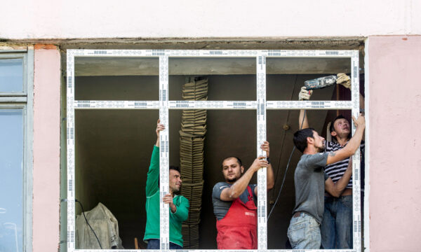 Windows being changed in school in Ukraine