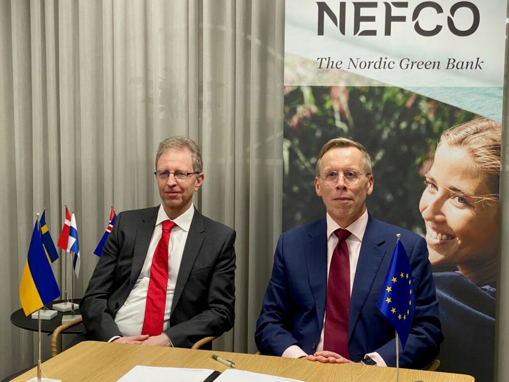 (from right): Trond Moe, Managing Director and Ulf Bojö, Vice President, Green Transition Eastern Europe at Nefco signing the agreement of the new EU Critical Infrastructure programme