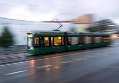 Green tram in Helsinki, Finland.